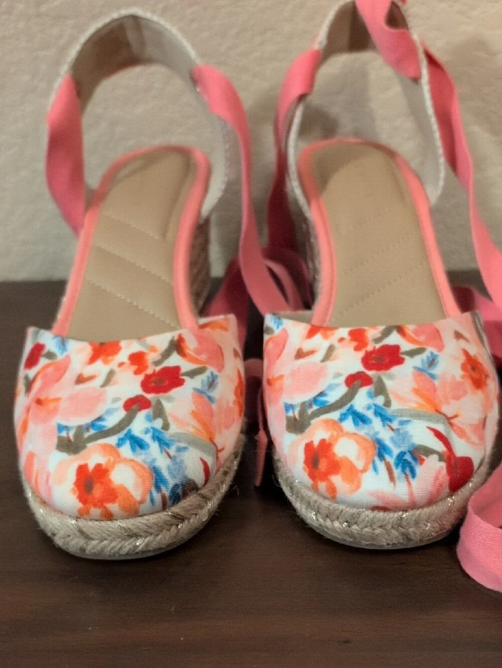 Floral Espadrille Wedges with Pink Ties